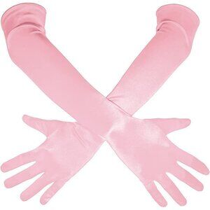 Women's Pink Shiny Satin Long Gloves Elbow Length Wedding Dancing Party Tea